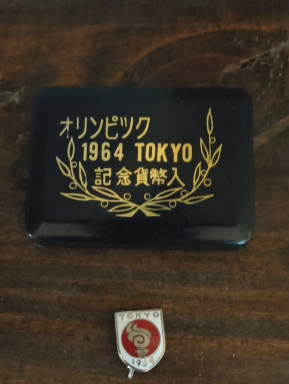 Olympic Collectors! 1964 Tokyo Olympic Pin in Red and White, 100 Yen Coin & Box